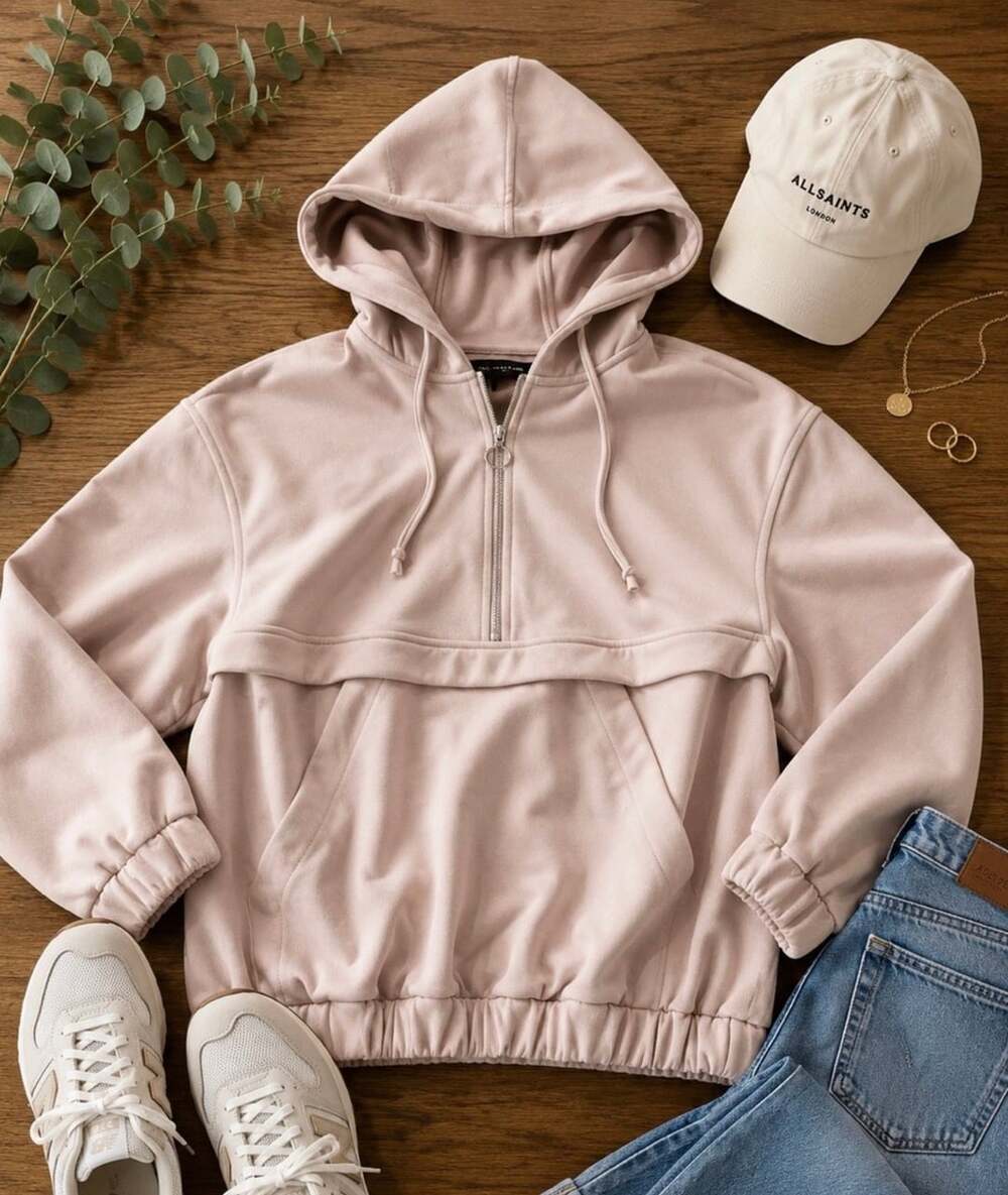 Zara Pink Faux Suede Half Zip Pullover Hoodie Sweatshirt Size XS (p1)